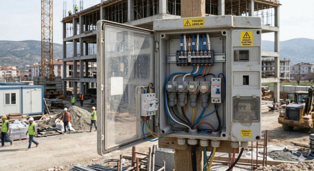 İstanbul şantiye elektrik aboneliği için modern elektrik panosu ve bağlantıları.