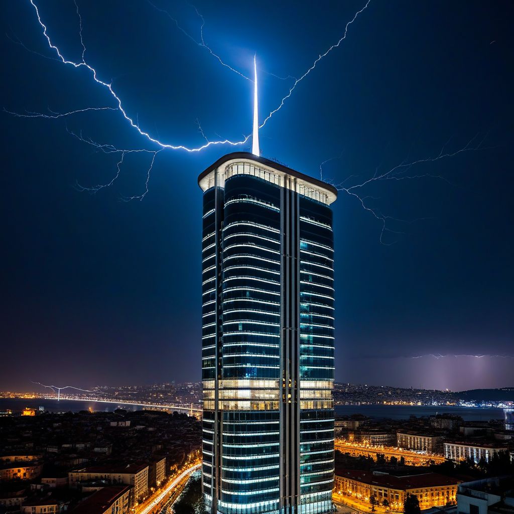 İstanbul'da bir gökdelende modern yıldırımdan korunma tesisatı ve şimşek düşmesi anı