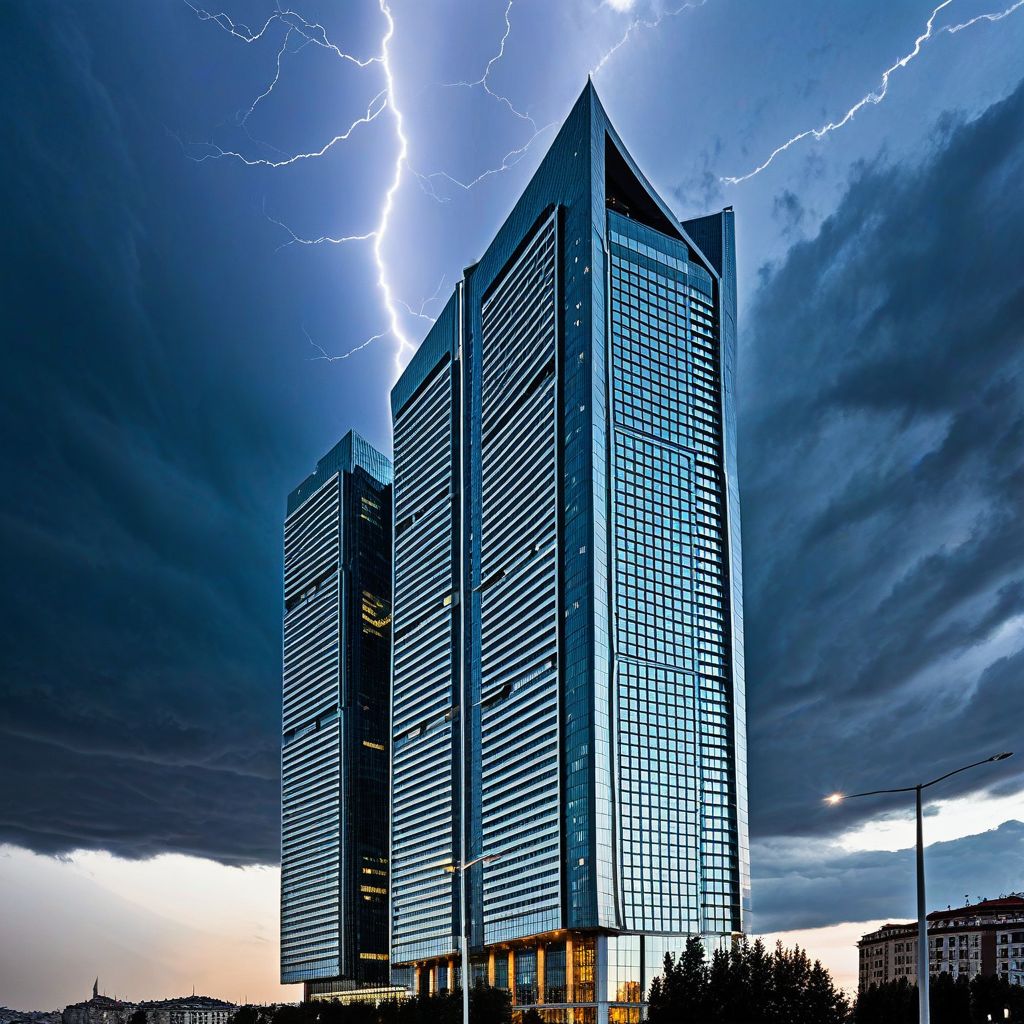 İstanbul'da modern bir binanın çatısında kurulu, şehri ve yapıyı yıldırımdan koruyan estetik yıldırımdan korunma tesisatı