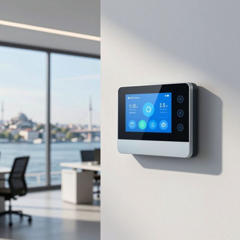 İstanbul'da bir ofiste elektrik abonelik işlemlerini ve enerji yönetimini gösteren modern elektrik paneli.