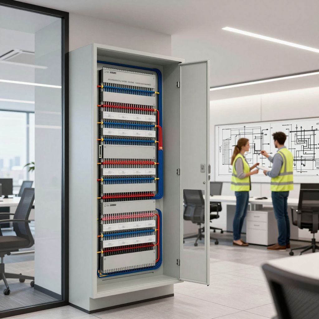 İstanbul'da modern bir binanın elektrik proje çizimi üzerinde çalışan mühendisler ve detaylı pano.