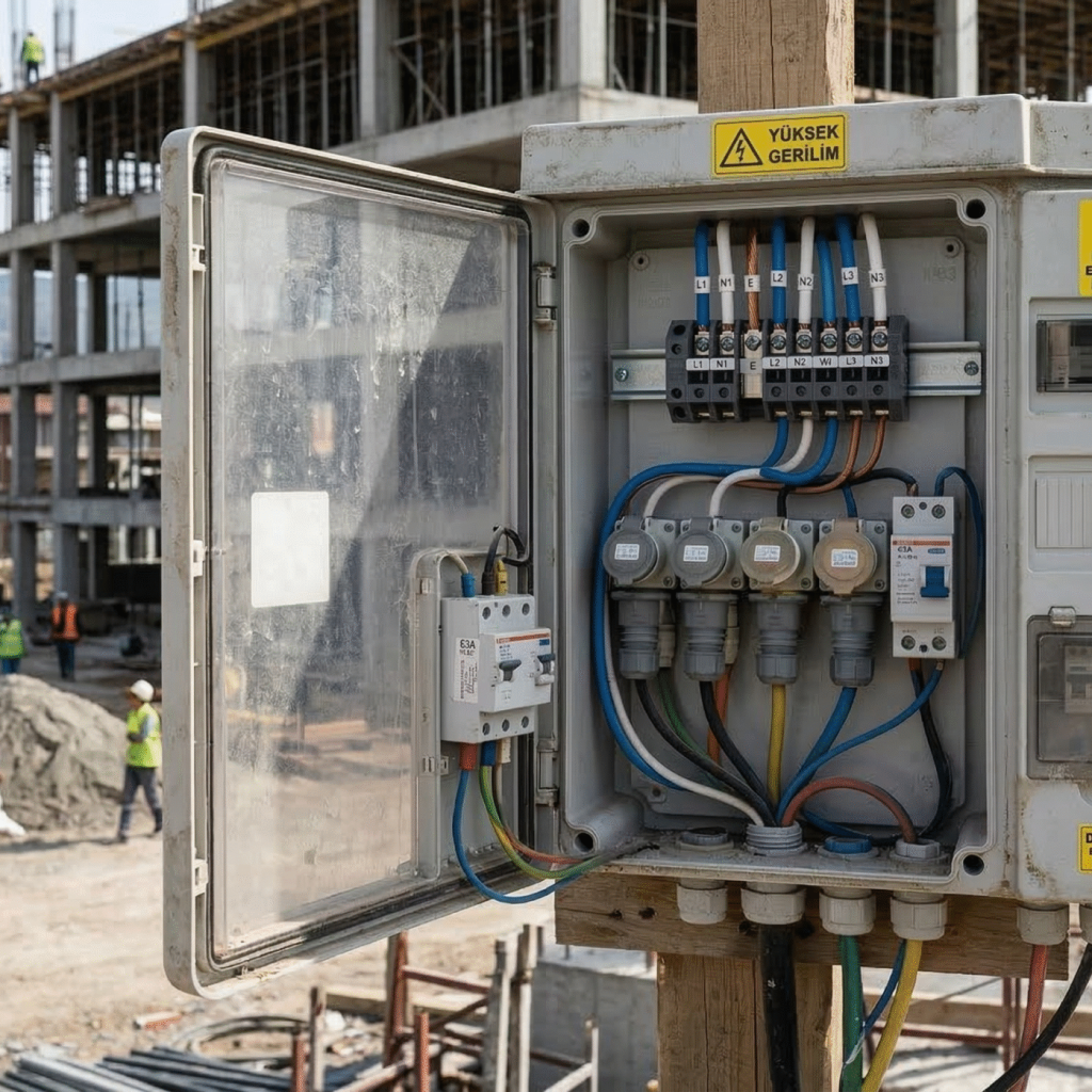 İstanbul şantiye elektrik aboneliği için modern elektrik panosu ve bağlantıları.