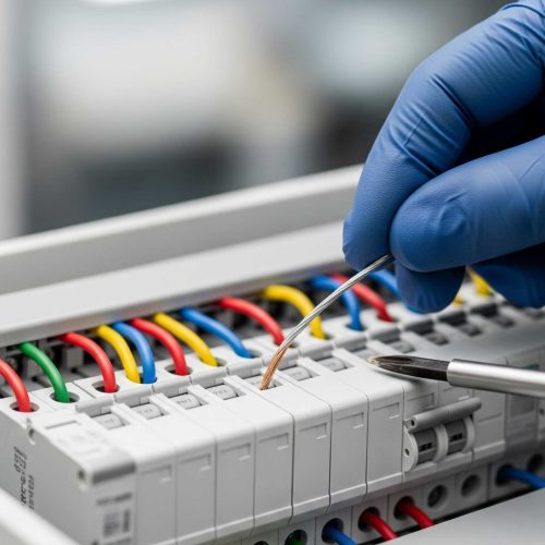 Mavi eldivenli bir teknisyenin, farklı renklerdeki elektrik kablolarını bir elektrik panosundaki klemenslere dikkatlice bağladığı yakın çekim.